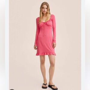 MANGO Pink Long Sleeve Mini Dress with Tie Front & Ruffle Hem – Size M